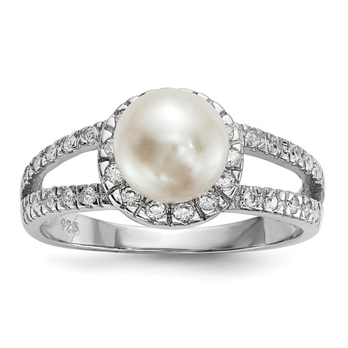 Jewels By Lux 14K White Gold Pearl & Cubic Zirconia CZ Fashion Anniversary Ring 